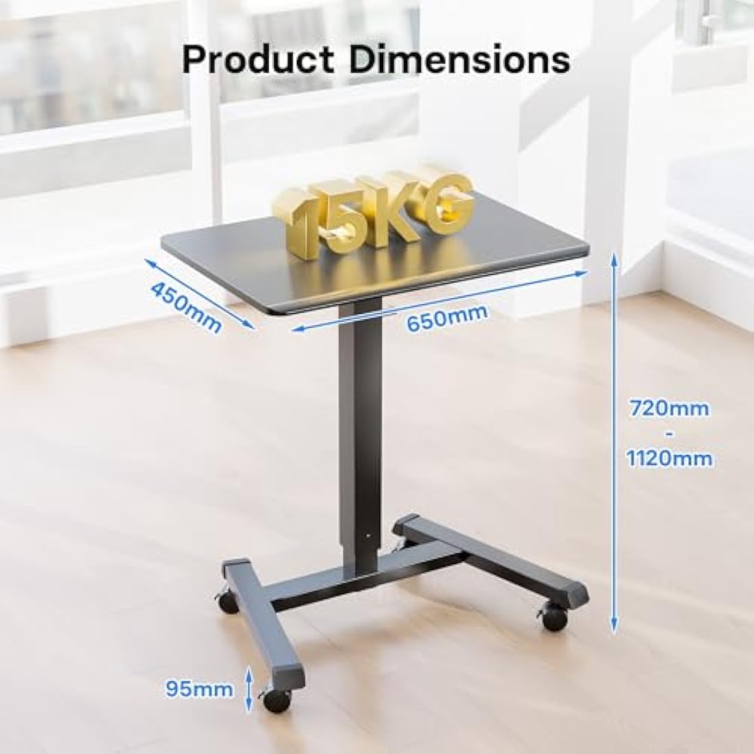 BONTEC 65×45 cm Mobile Standing Desk with 4 Rolling Castors, Height Adjustable Desk on Wheels, Portable Stand Up Desk, Over-Bed Table for Living Room, Bedroom, Medical Use, Ergonomic, Space Saving