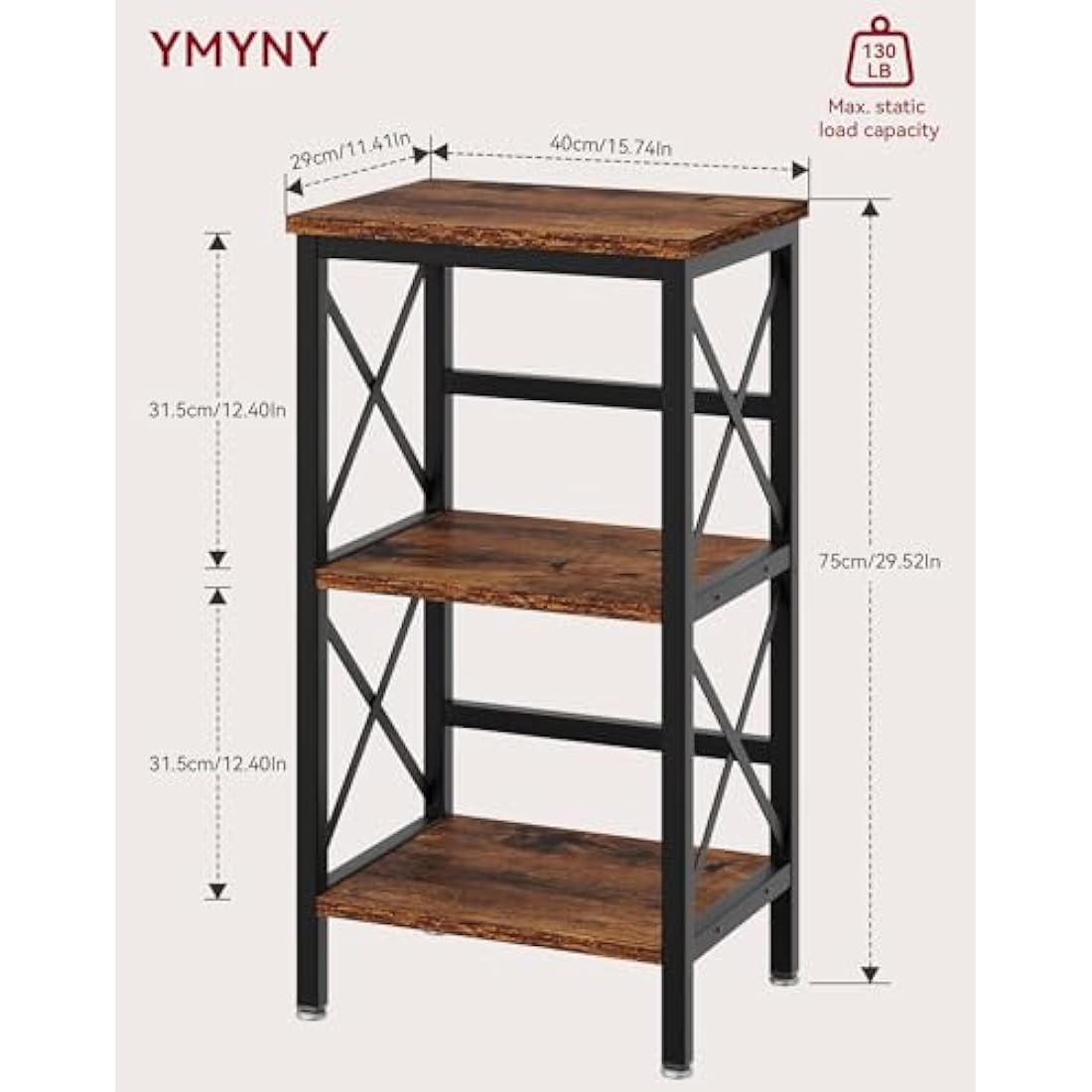 YMYNY Bookcase, 3 Tier Storage Rack, Plant Rack, Storage Microwave Shelf with Steel Frame, for Living Room, Kitchen, Office, Study Hall, Industrial Style, 40×29×75CM Rustic Brown and Black HST008H