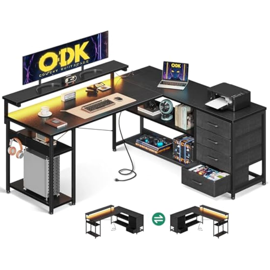 ODK Corner Desk with Drawers, L Shaped Gaming Desk with LED Lights & Power Outlets, Reversible Computer Desk for Home Office Workstation, Office Desks with Monitor Shelf, 135×110 cm, Black