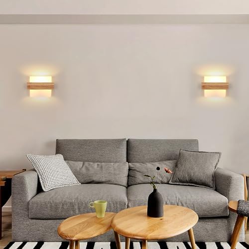 DELIPOP Wooden Wall Lights Indoor, E27 Modern Minimalist Design Wall Lamp, Wood Wall Lighting Fixtures 3 Lighting Colours 3000K/4500K/6500K for Living Room Bedroom Corridor Stairs