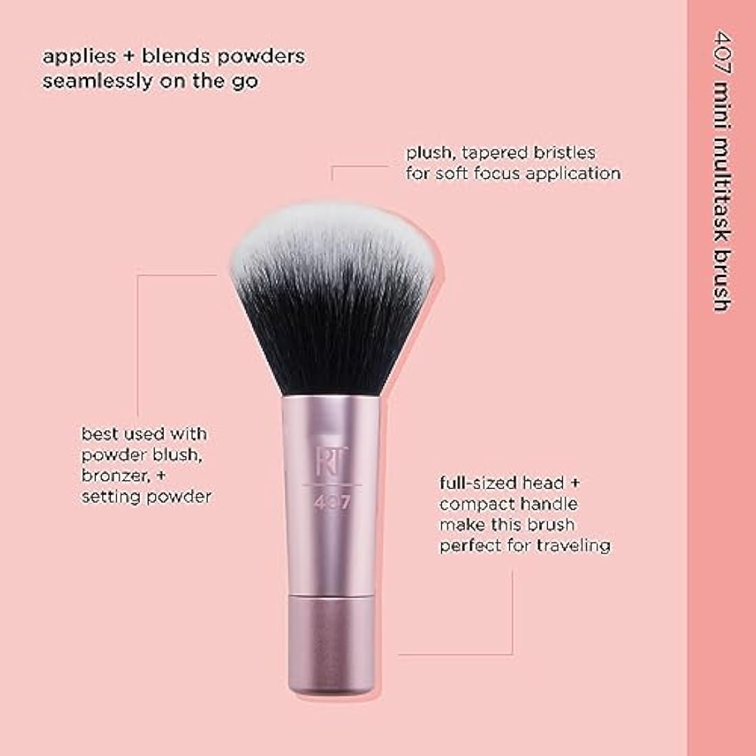 Real Techniques Mini Multitask Makeup Brush, For Blush, Bronzer and Powder, Face Brush with Custom-Cut Synthetic Bristles, For Loose and Pressed Powder, Travel Sized, Vegan and Cruelty-Free, 1 Count