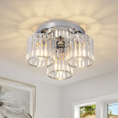 ZYDTRIP Crystal Chandeliers Ceiling Light, 3-Lights Crystal Lights Living Room, Modern Chrome Semi Flush Ceiling Light Fittings for Bedroom, Hallway, Bathroom, Foyer, Kitchen Light Fixture