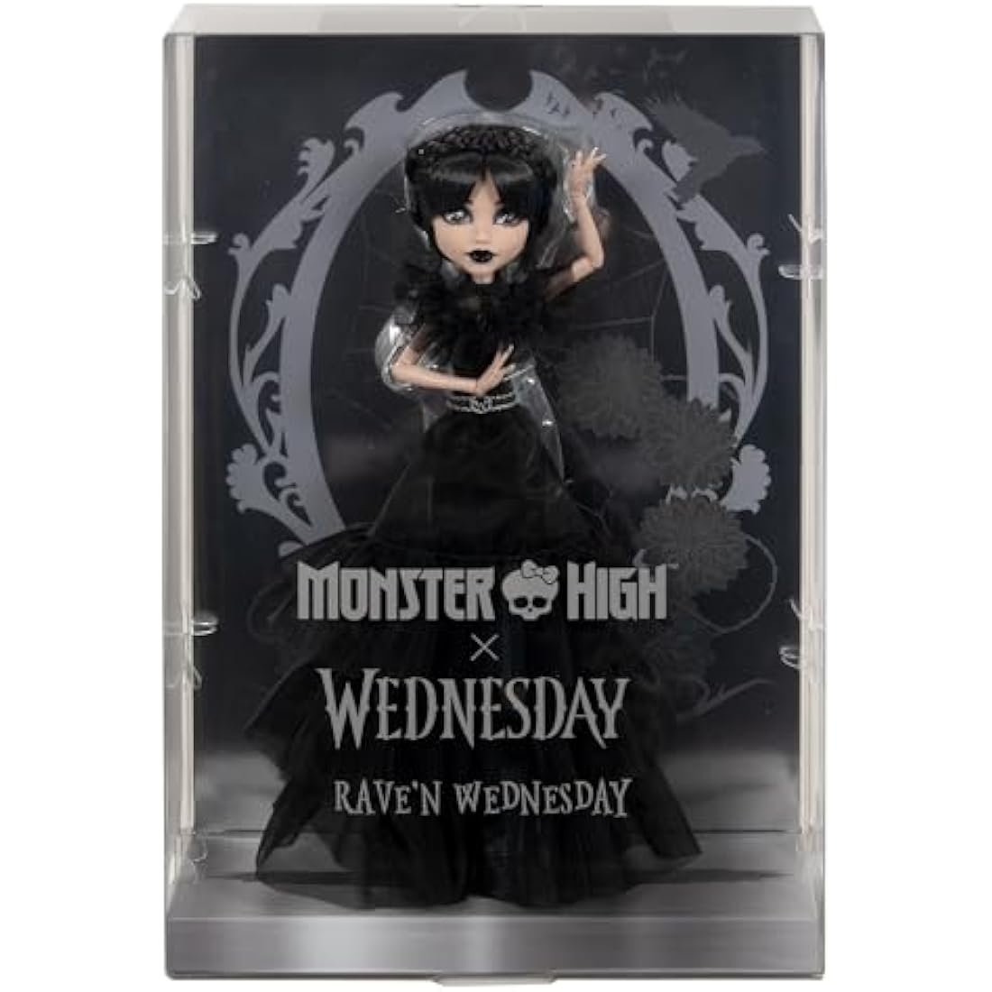 Monster High Wednesday Doll, Rave’N Wednesday Collectible in Black Gothic Gown inspired by Dance Scene, Premium Accessories and Doll Stand, HXJ03