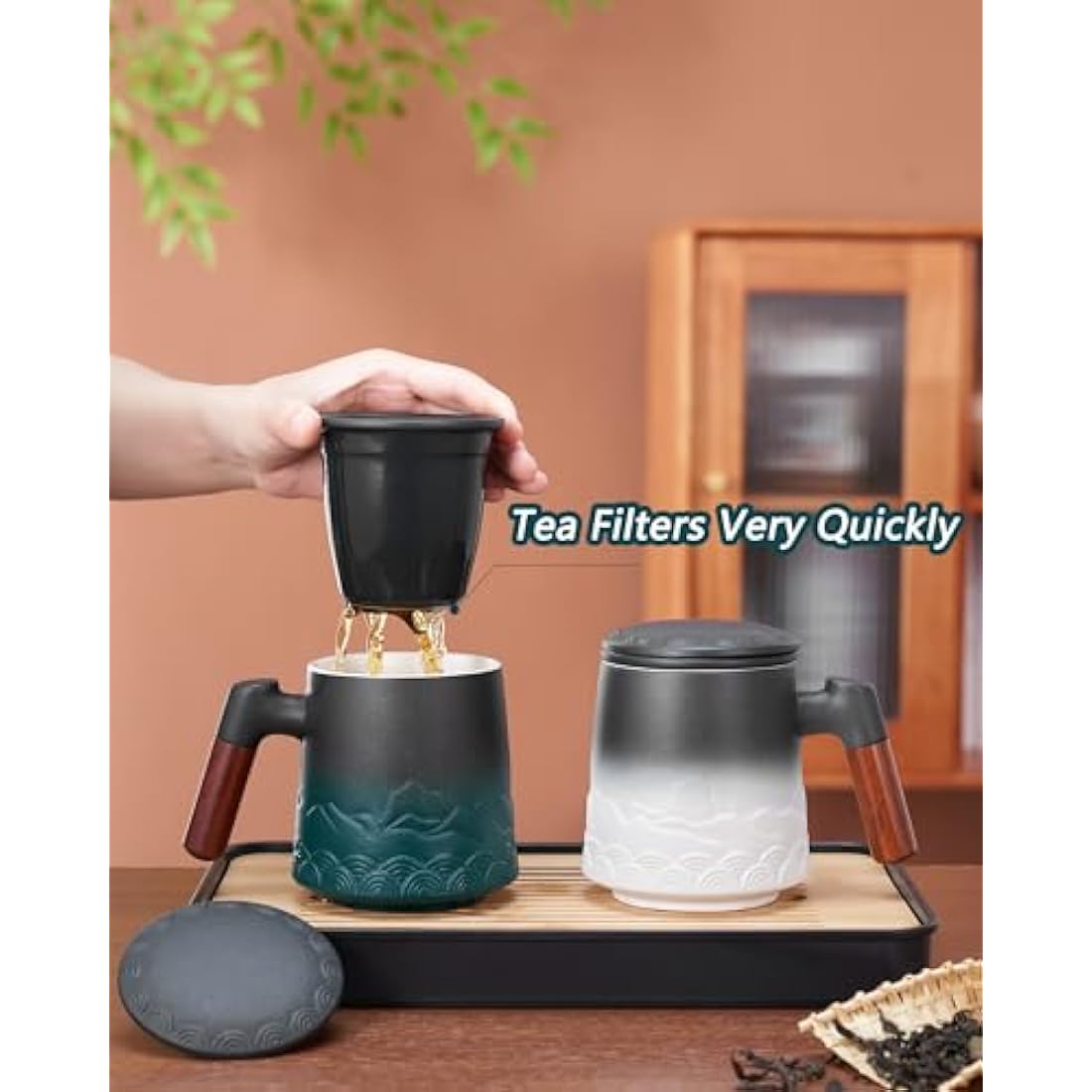 ZENS Tea Infuser Mug With Lid, 500ml Gradient Embossed Loose Leaf Ceramic Steeping Cup, Rosewood Handle, for Gifts - Black & Green