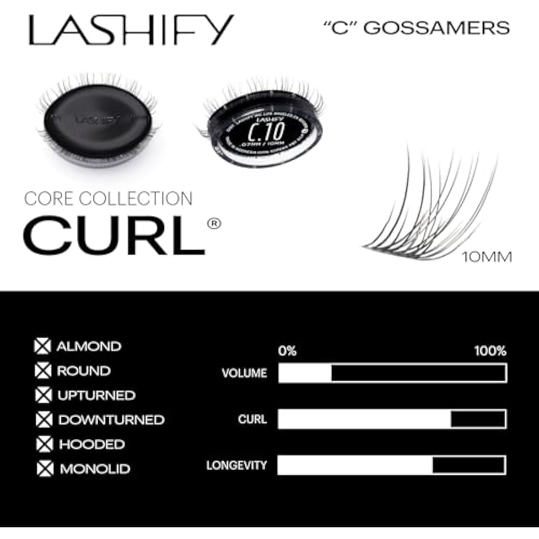 Lashify Curl 10mm Gossamer DIY Eyelash Extensions Refill, Black, Easy False Eyelashes for a Natural Look