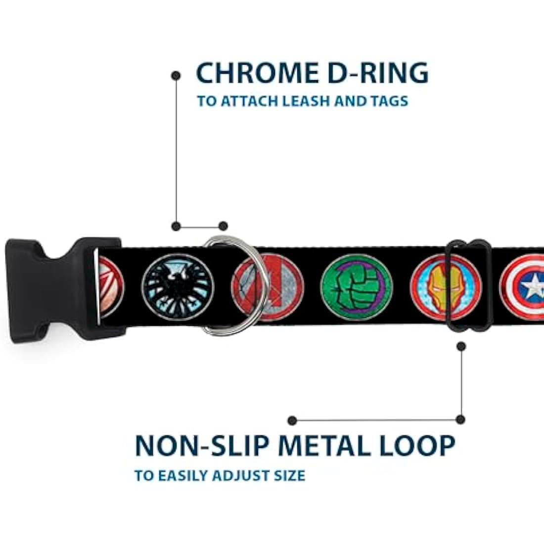 Buckle-Down 9Avenger Icons Black/Multi Color Marvel Avengers Plastic Clip Collar, Wide Large/18-32"