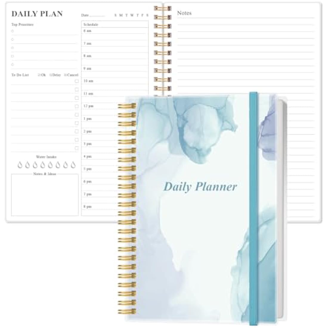 Daily Planner Undated - A5 To Do List Notebook Hourly Schedules, Spiral Appointment Planner for Women and Men, PVC Hardcover, Inner Pocket, Elastic Closure, 5.8" x 8.5", Blue Watercolor