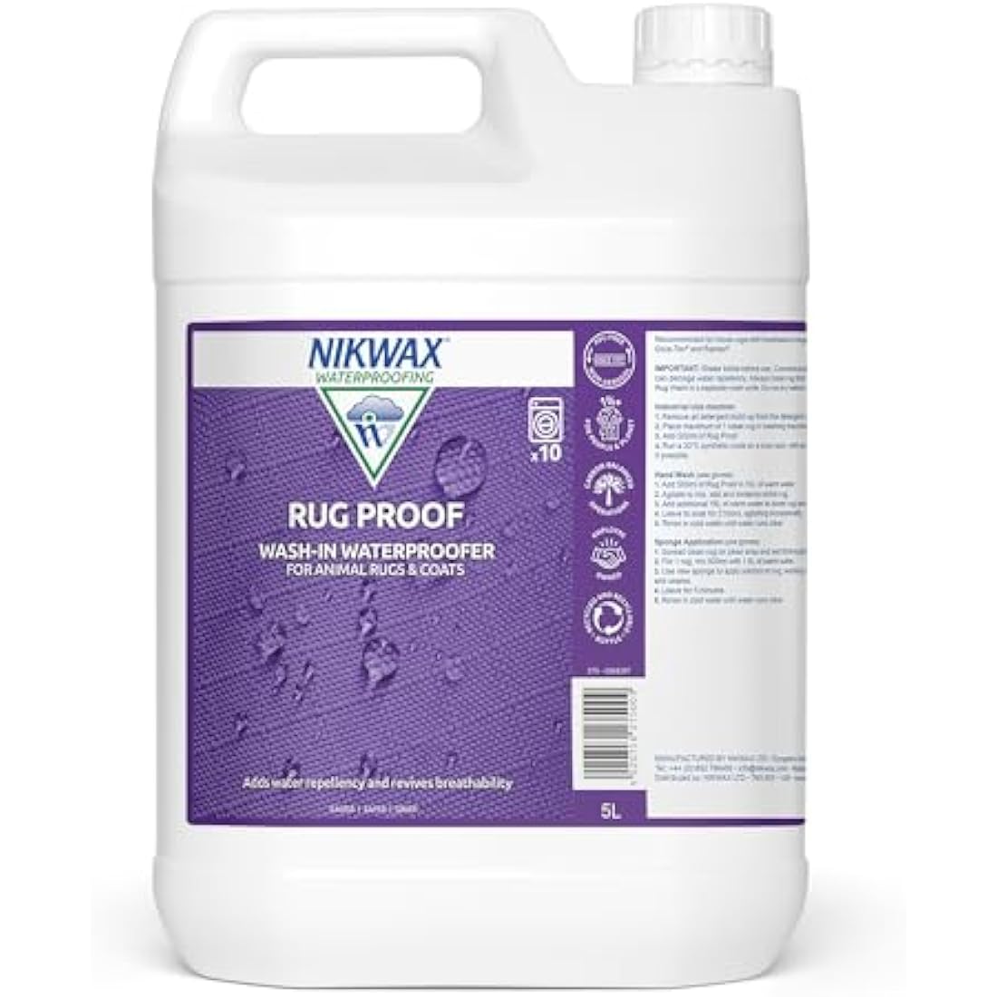 Nikwax RUG PROOF Waterproofing for Horse Rugs & Animal Coats – Adds Durable Water Repellency & Maintains Breathability – PFAS-free, Eco-Friendly & Easy Wash-In Application - 5 Litre