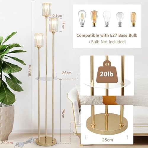 Rayofly Modern Floor Lamp with Shelves, 3-Lights Gold Floor Lamps for Living Room, Crystal Standing Lamp with Glass Shades & Foot Switch, Glas Standing Lamps for Bedroom, Dining Room, Hall, Office