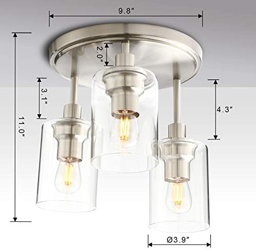 Yosoan Vintage 3 Way Ceiling Lights, Industrial Glass Pendant Light Fitting, Flush Lights for Living Room, Bedroom, Kitchen, Dining Room (Brushed)