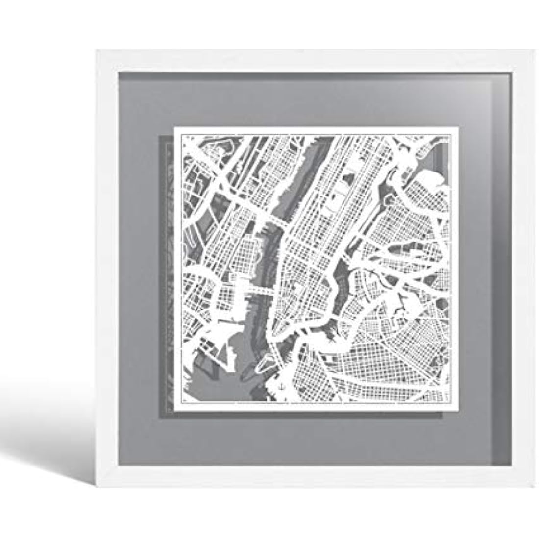 O3 DESIGN STUDIO New York Paper Cut Map framed, White map, White frame, 9x9 inches, Gift Boxed, 4 background color, self-changing, Paper Art