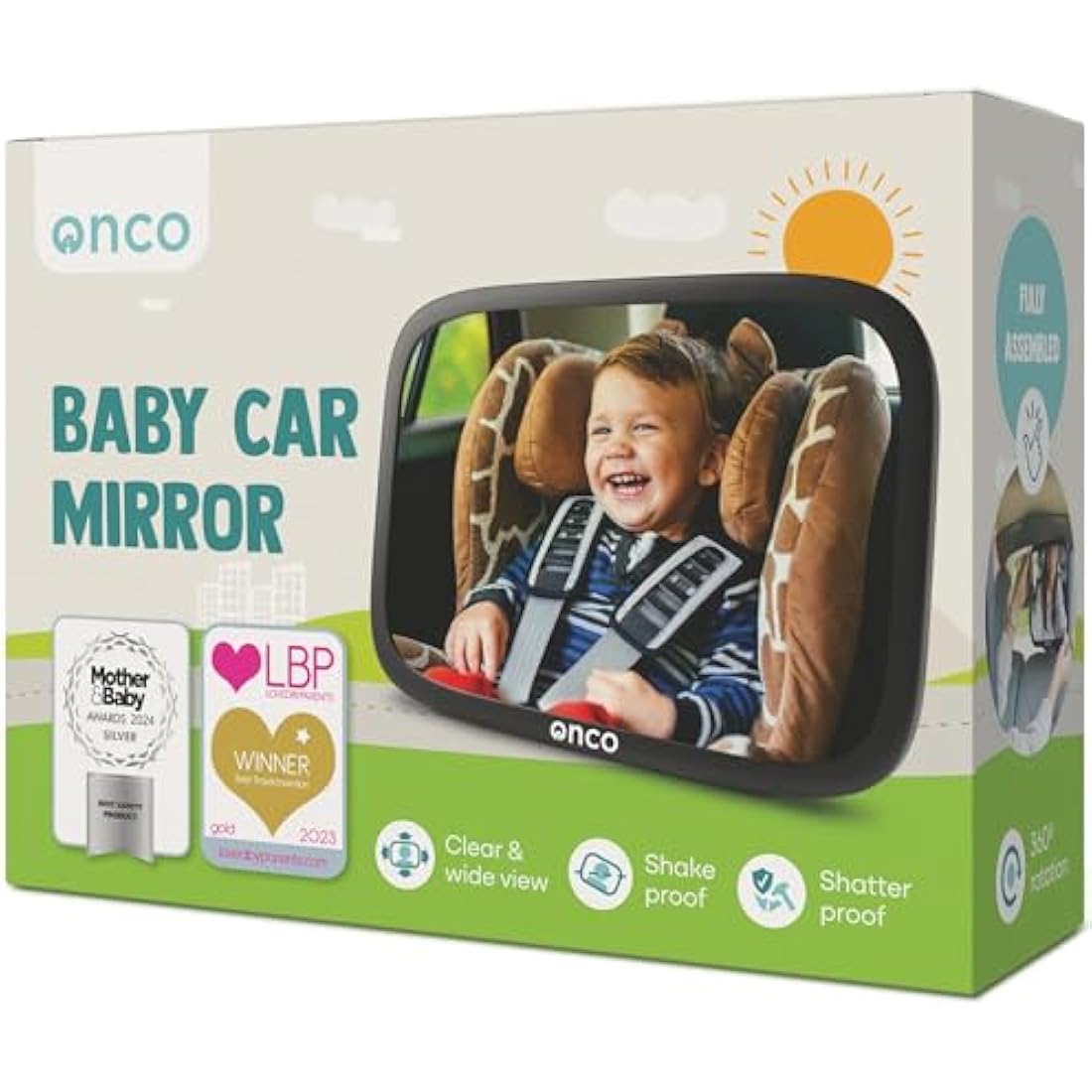Onco Baby Car Mirror - 100% Shatterproof & Shakeproof, Award-Winning Car Mirror Baby Rear View, Non-Slip with 360° Rotation, Newborn Essentials
