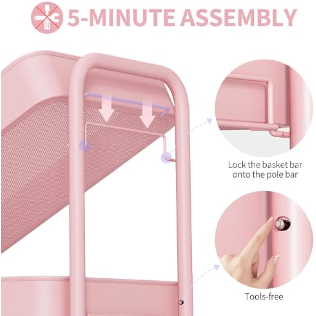 Urackify Storage Trolley on Wheels for Variety Applications, 3 Tier Trolley with Extra DIY Pegboards,Handing Bins, and Hooks for Living Room, Kitchen, Bathroom, Office, Classroom, Pink