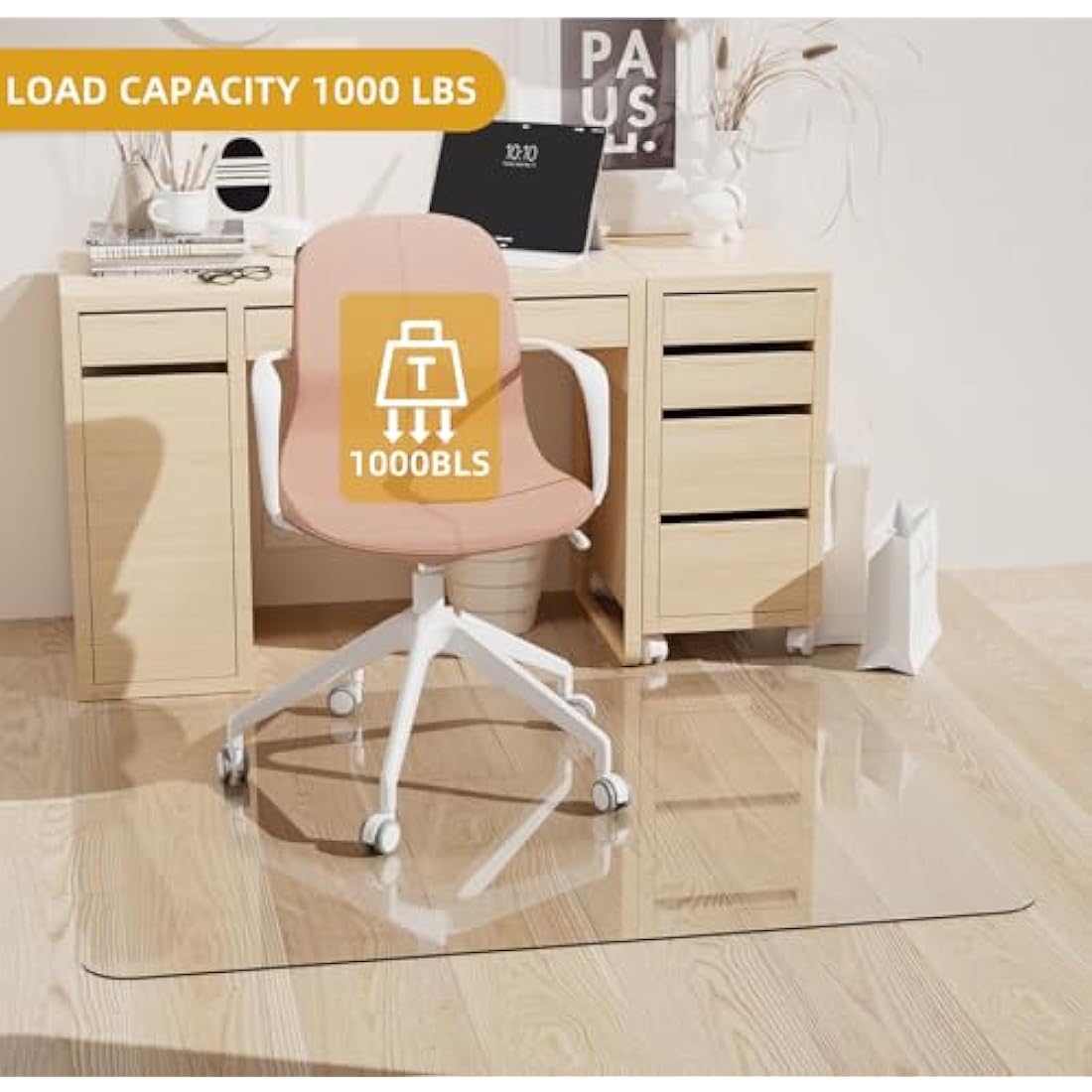 [Tempered Glass] 90cm x 120 cm Glass Chair Mat, Heavy 5mm Thick Premium Tempered Glass Duty Hard Glass Chair Mats for Office Chair on Carpet or Hard Floor with 4 Anti-Slip Pads Easy to Clean Odorless
