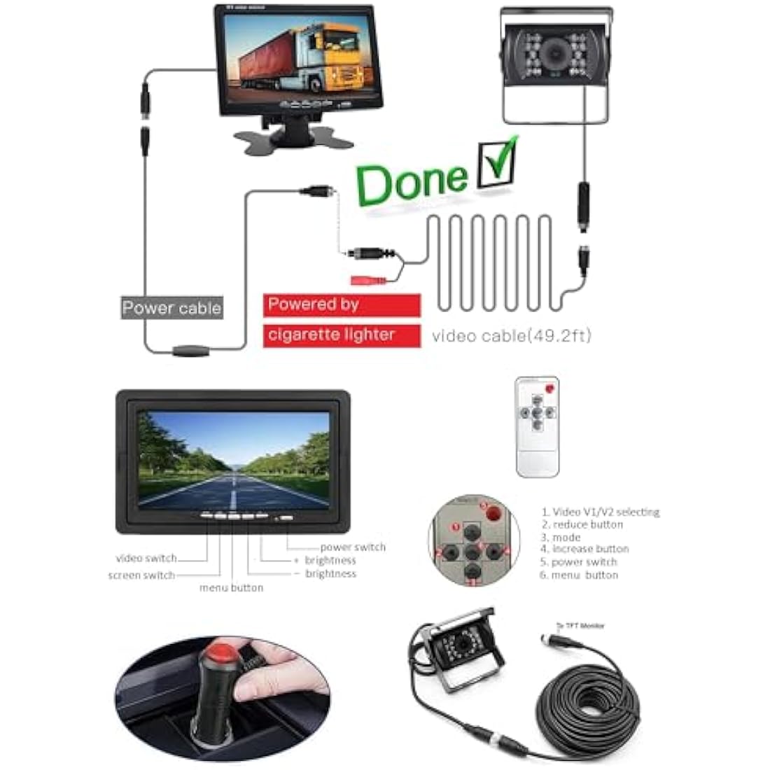 BEYI 1080P Car Reversing Camera Kit - 7" LCD HD Screen IP68 Waterproof Wired Reverse Camera, 12V-24V parking Sensor kit Night Vision Backup Camera with 15M Cable for Vans RV Bus Truck Trailer Campers