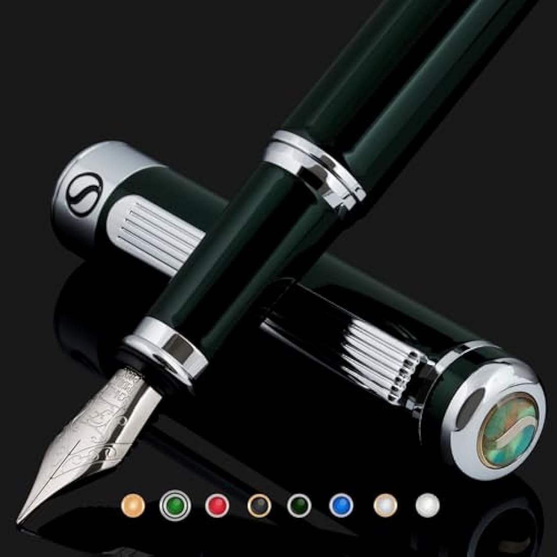 Scriveiner Fountain Pen - Very Dark British Racing Green, Stunning Luxury Pen, Chrome Finish, Schmidt Nib (Fine), Best Pen Gift Set for Men & Women, Professional, Executive, Office, Nice Pens
