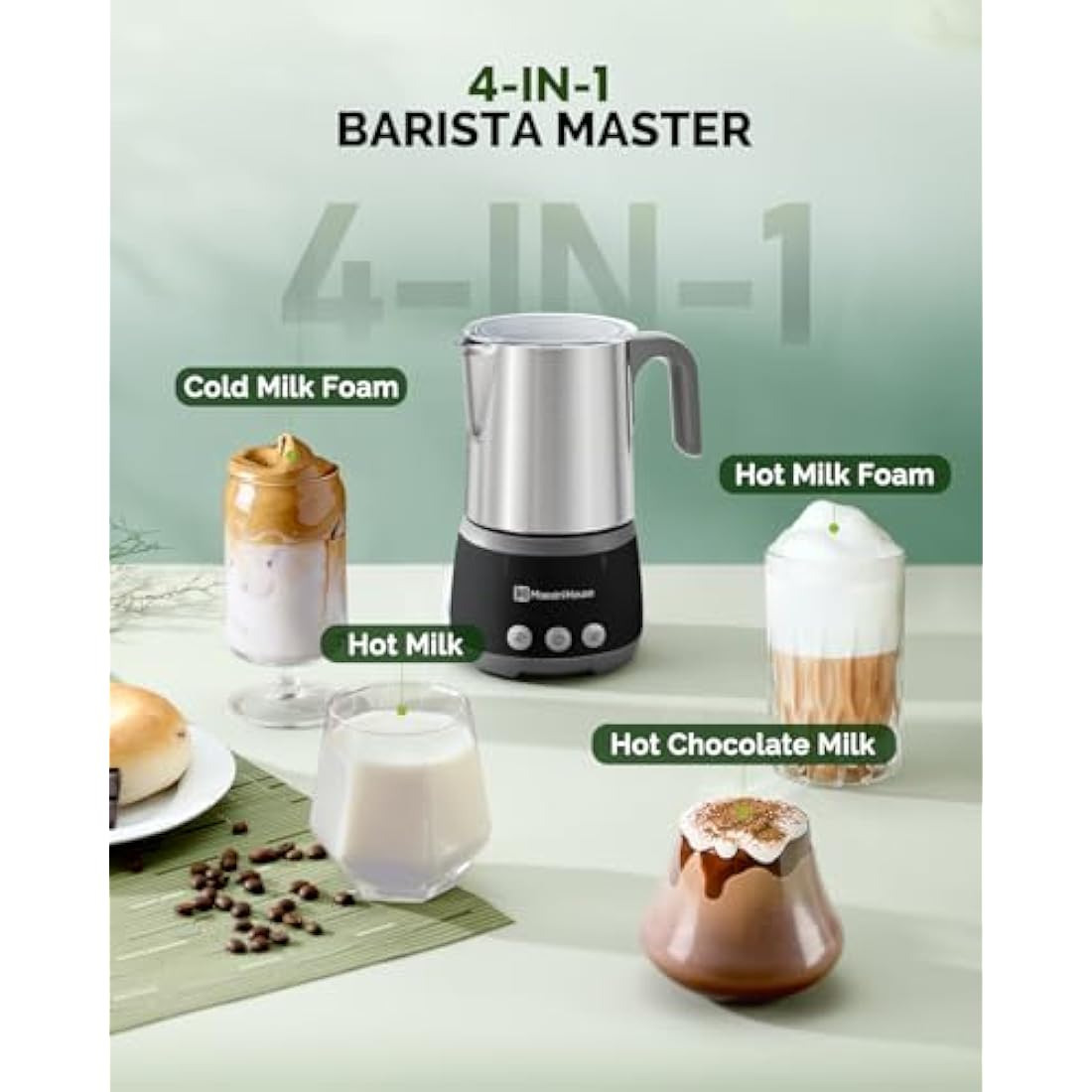 Maestri House Milk Frother, 4-in-1 Electric Milk Steamer and Frother, 500mL 600W Smart Touch Control Hot and Cold Foam Maker, Memory Function for Latte, Cappuccinos, Warm Milk, BasicFro 500