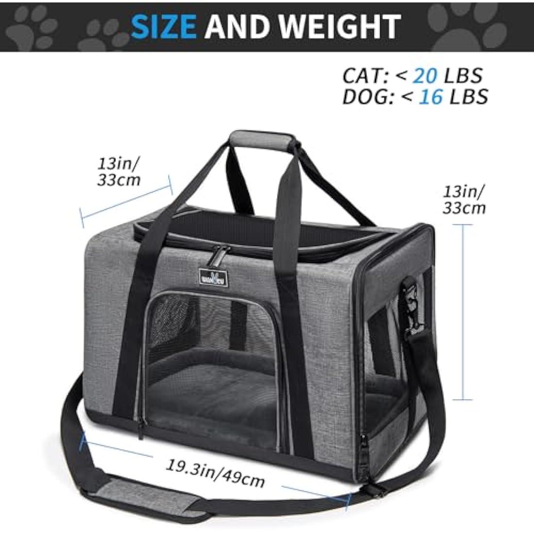 Wakytu Pet Carrier Bag for Small Medium Cats and Dogs, Foldable Cat Travel Carrier Bag, Soft-Sided Dog Carrier with Adequate Ventilation, 3 Entrance, Locking Safety Zippers