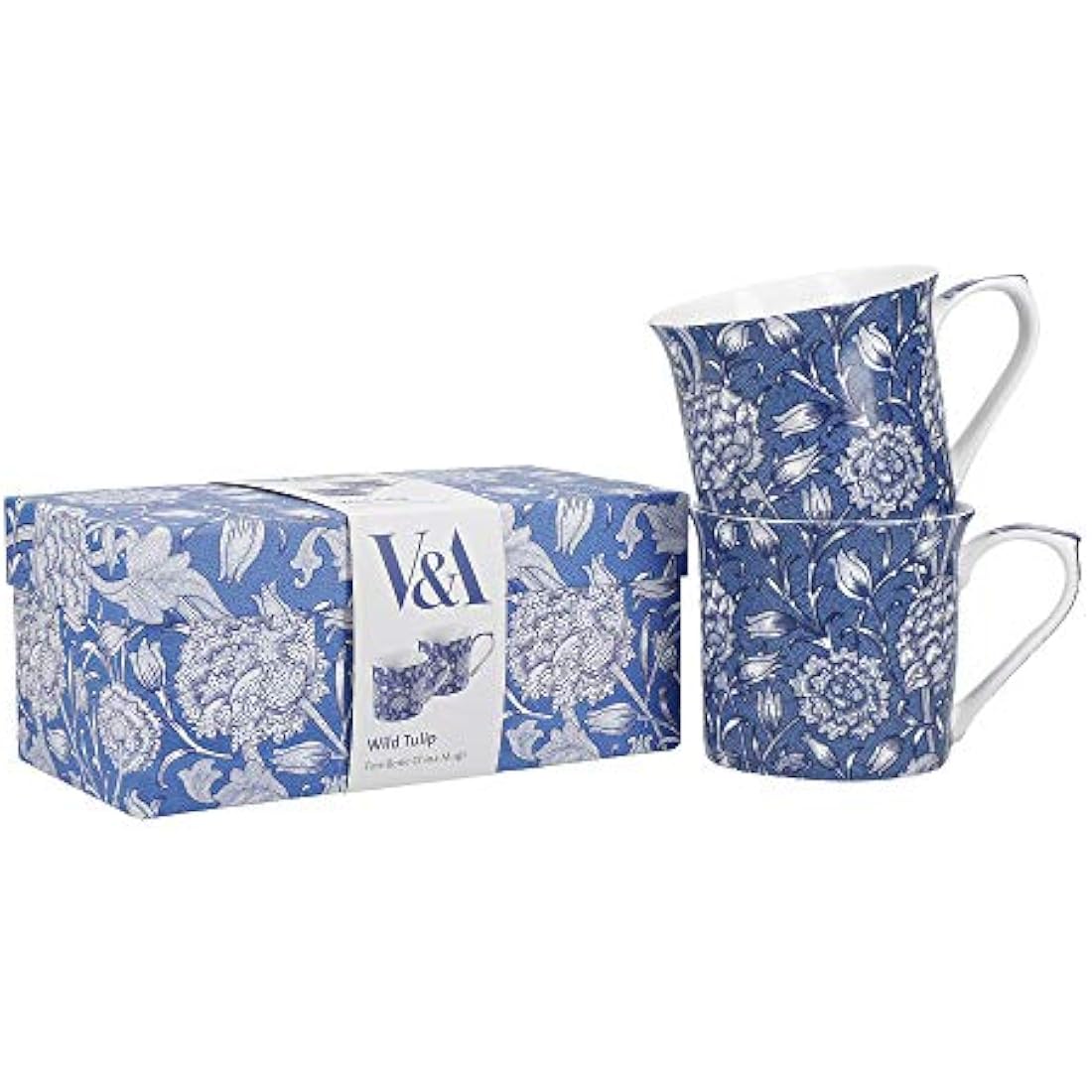 V&A Coffee and Tea Mugs, Porcelain Bone China Mug, William Morris Wild Tulip Design, 300ml, Set of 2, Gift Boxed