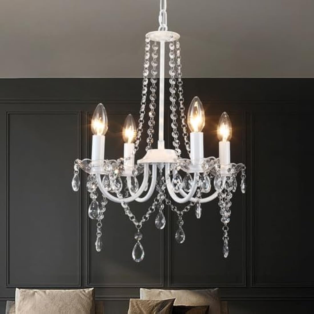 QAREHL Crystal Chandelier, 4 Lights Chandeliers Ceiling Light Modern Dining Room Lights Ceiling for Living Room, White Chandelier for Bedroom, Kitchen, Hallway, E14 Socket