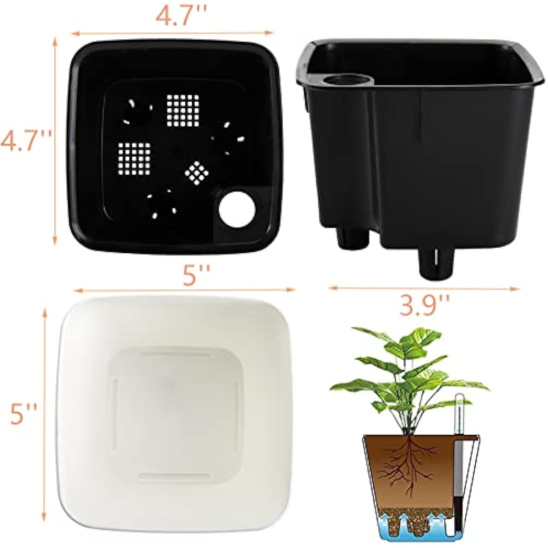 yarlung 6 Pack Self Watering Planter with Water Level Indicator, 5 Inch/12.7cm Plastic Plant Flower Pots Nested Container for Indoor Plants, Herbs, Aloe, Outdoor Gardening