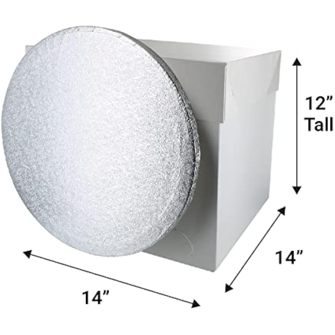 Culpitt 14" Round Silver Cake Drum Board & Tall White Box Combo, 14 x 14 x 12 Inch Square Box and Matching Circle Set for Tiered or Decorated Transport