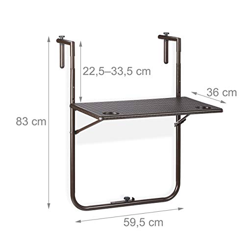 Relaxdays Folding Balcony Table, Hang on Railings, 3 Height Settings, Rattan Effect Tabletop, WxD: 59.5 x 36 cm, Brown