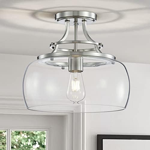 WUZUPS Chandelier Rustic Farmhouse Industrial Round Semi-flushmount Ceiling LED Light Fixture with Clear Glass Shades for Bathroom Kitchen Foyer Entryway, H 30 x W 34, E27 Base, Brushed Nickel