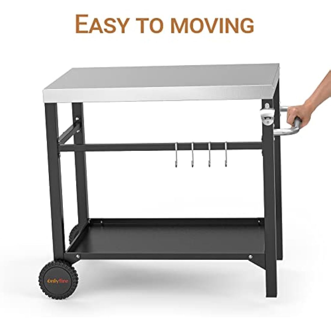 Onlyfire BBQ Serving Trolley Table, Stainless Steel Flattop Worktable, Double-Shelf with Utensil Holder for Outdoor Grilling and Cooking