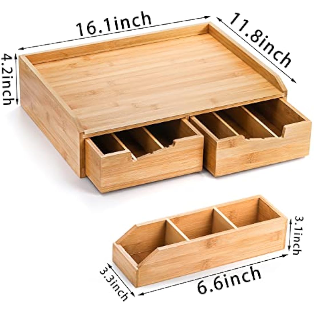 SOUJOY Bamboo Drawer Organizer for Coffee Pod, K Cup Organizer for Counter, Tea Bag Storage Organizer with Drawer and Side Storage Box for Kitchen Office Coffee Bar