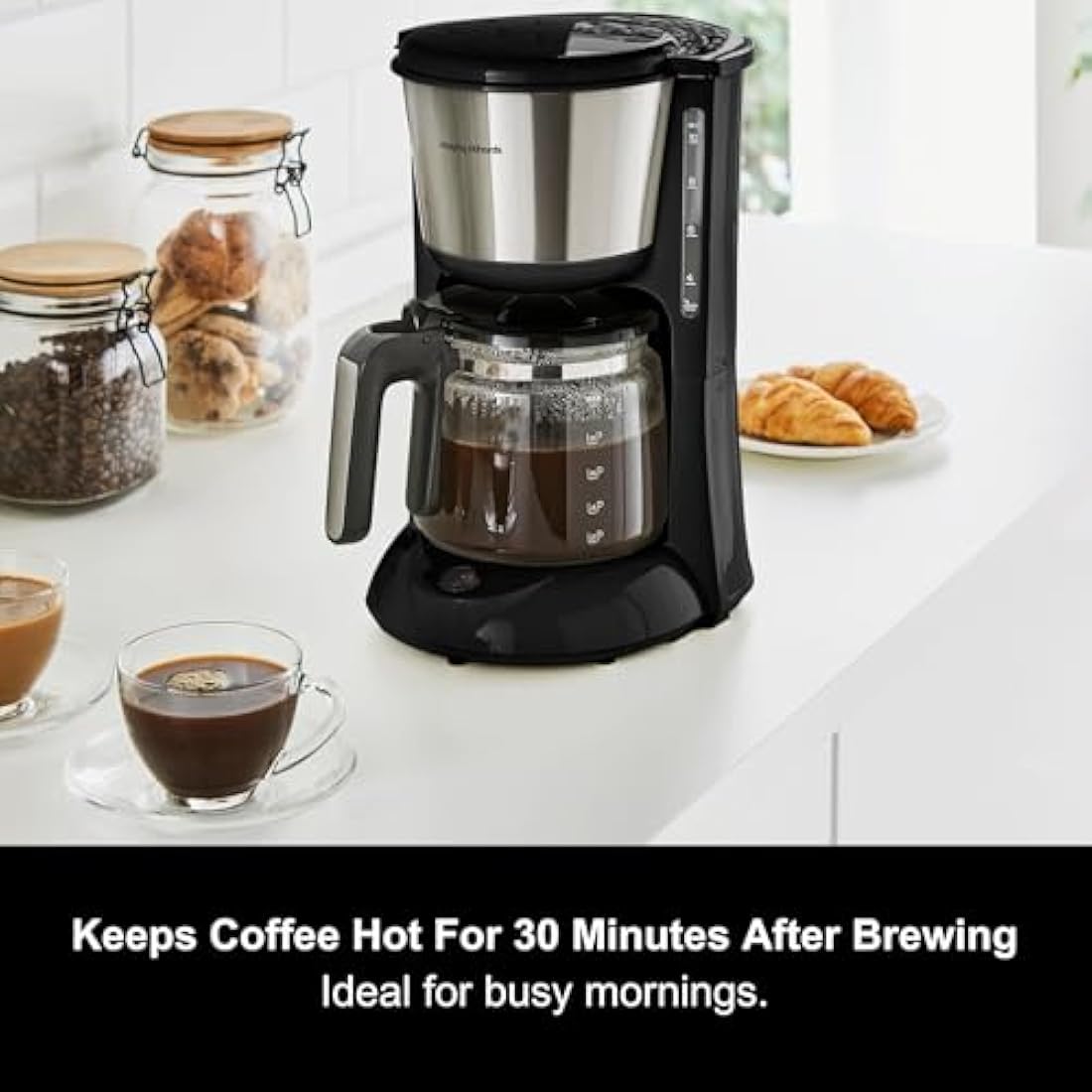 Morphy Richards Equip Filter Coffee Machine, Coffee Maker for Instant Coffee, Pour Over Technology, 10 Cup, Anti Drip, Reusable Filter, Keep Warm, Aroma Blender, Black/Brushed Steel, 162501