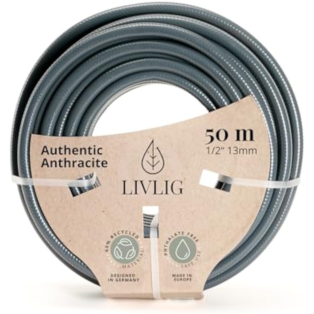 LIVLIG Garden Hose 50m, hosepipes for Garden 1/2 inch Made in Germany, 50m Hose Pipe Made of Recycled PVC, dimensionally Stable, Colour: Anthracite