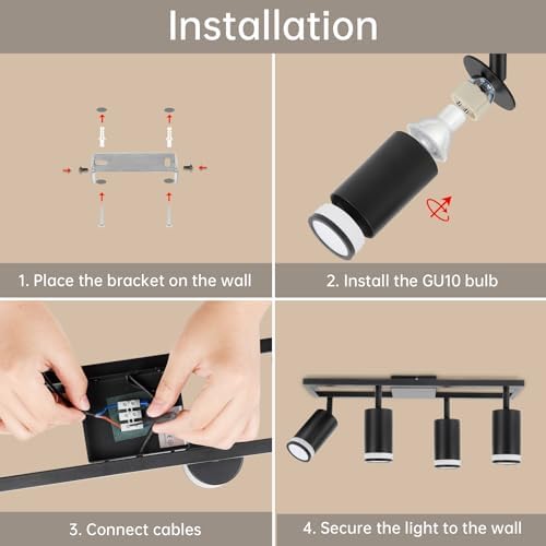 Dehobo LED Kitchen Ceiling Lights GU10, Black Ceiling Spotlights 4 Flames Swiveling 350°, Ceiling Light Bar Spotlight for Kitchen Bedroom Living Room, No Bulbs