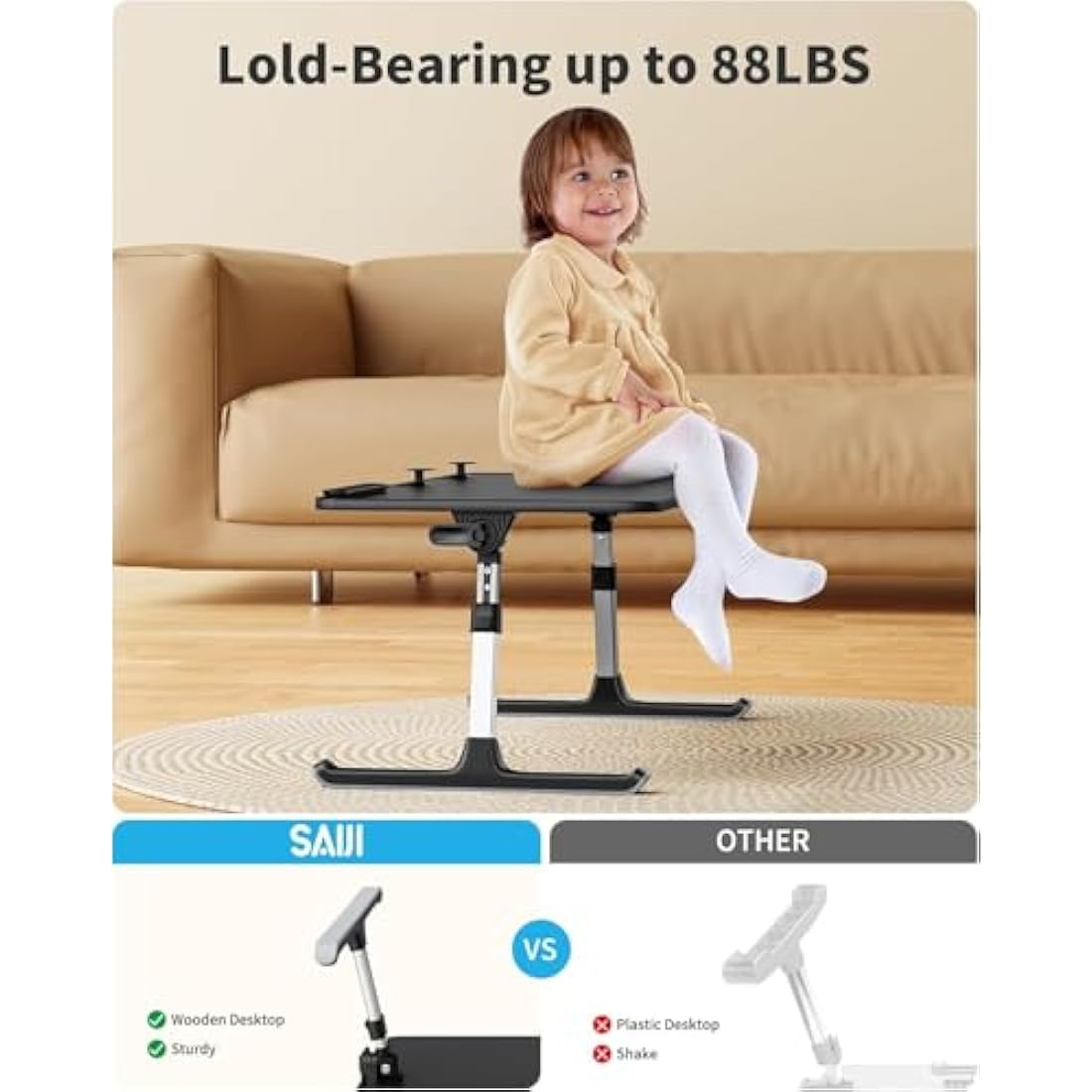 Desk, Table, SAIJI Folding Table, 5 Heights Adjustable Laptop Stand, Breakfast Bed Tray for Sofa, Bed, Terrace, Balcony (52 * 30cm Black)