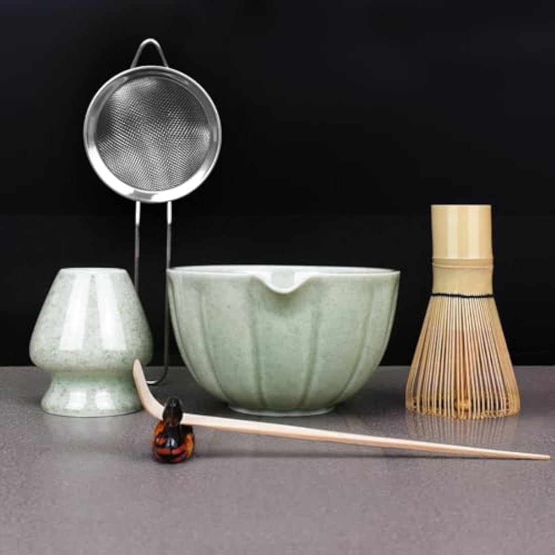 Artcome 6-Piece Japanese Tea Set, Matcha Bowl with Spout, Whisk, Scoop, Holder - Handmade Ceremony Kit