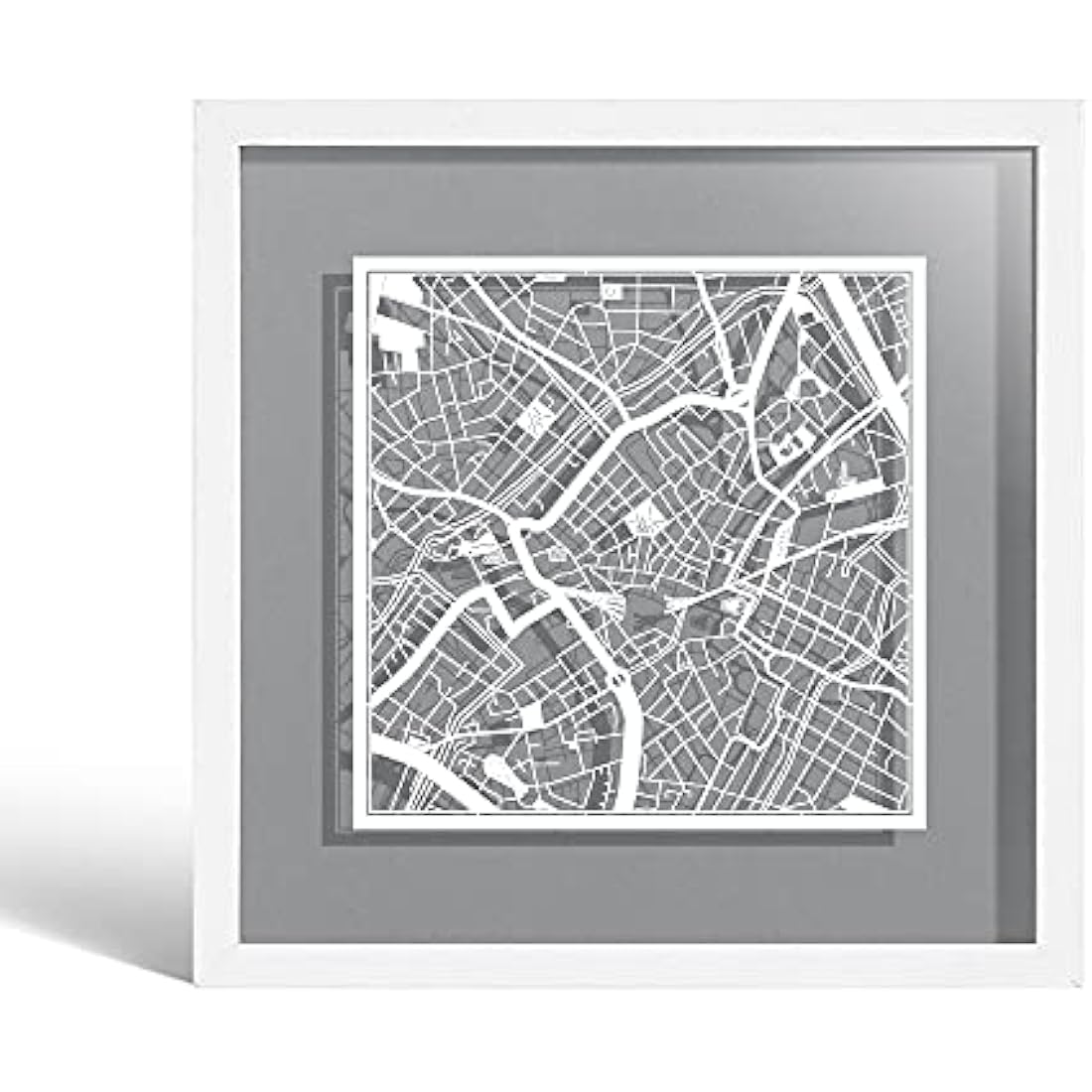 O3 DESIGN STUDIO Birmingham Paper Cut Map framed, White map, White frame, 23x23 cm, Gift Boxed, 4 background color, self-changing, Paper Art