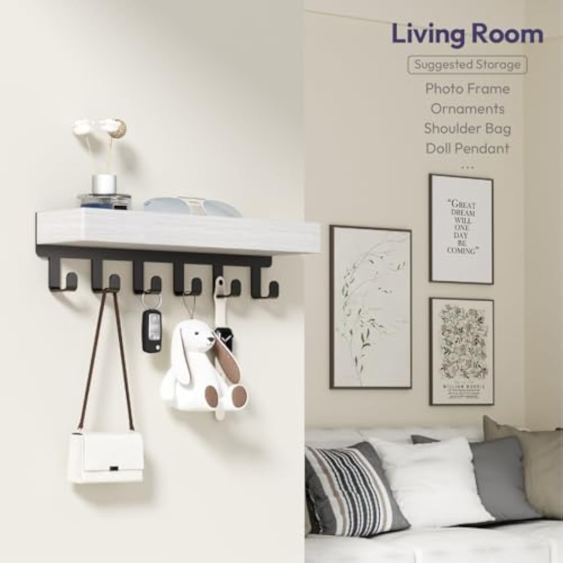 SWTYMIKI Key Holder with Wood Tray and 6 Hooks, Wall Mounted Key Racks, Key Hangers Home Decor Key Rack Mail Organizer for Hallway, Entryway, Bedroom, Mudroom, Office