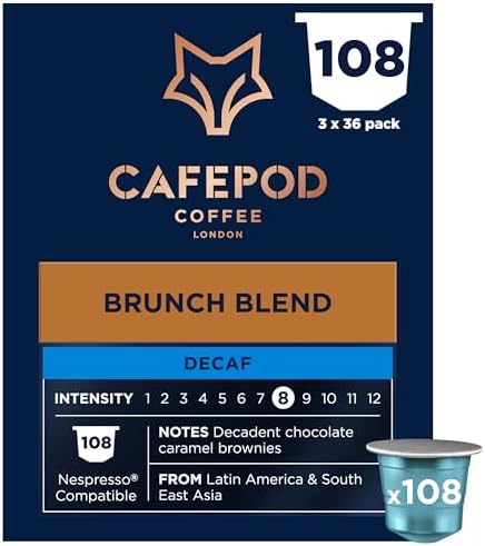 CafePod Espresso Decaf Coffee Pods - Compatible with Nespresso Coffee Machine, Intensity 12 with Rich Caramelised Chestnut Notes - Rainforest Alliance Sourced - Decaf Brunch Blend 108 Capsules