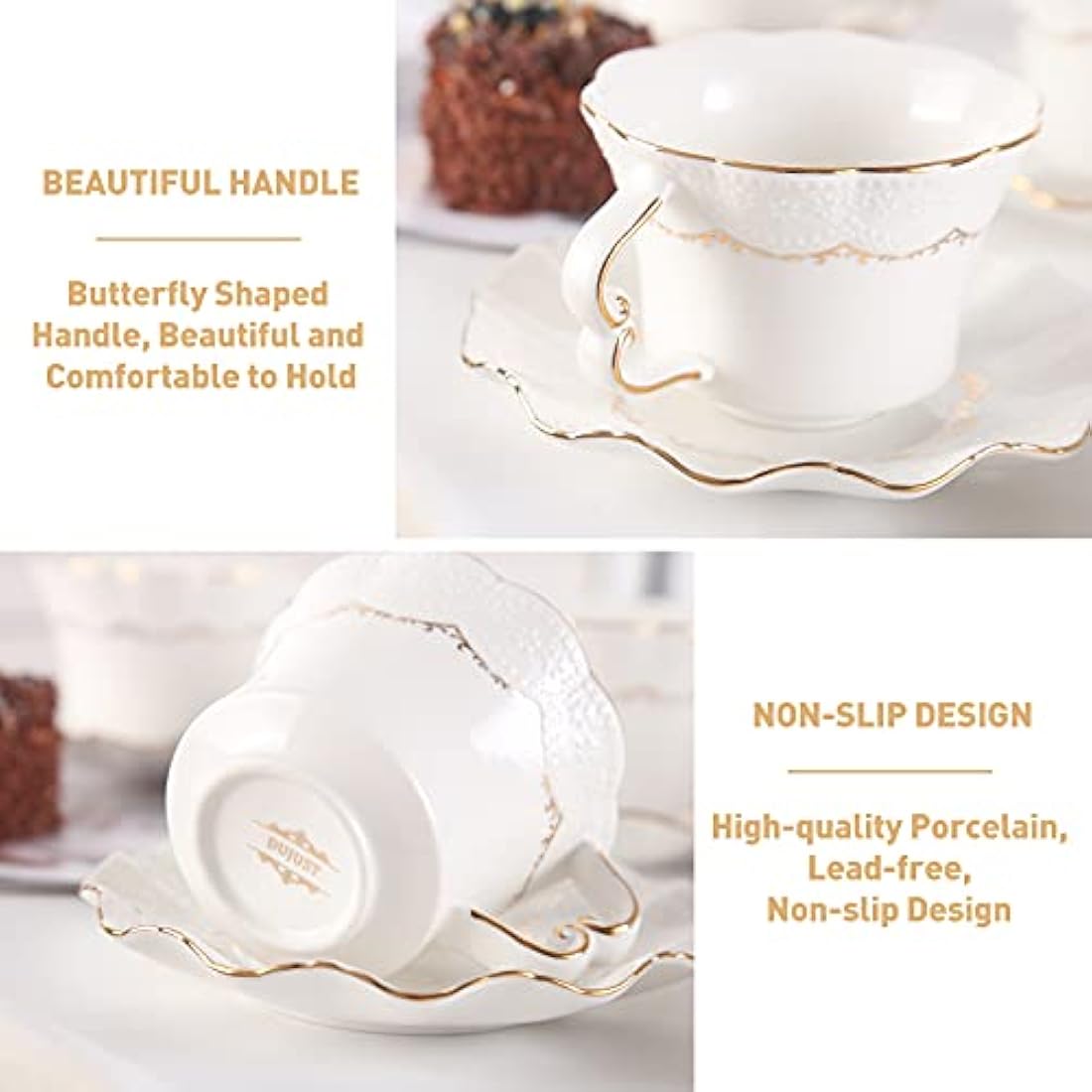 DUJUST Tea Cups and Saucers Set of 6 (200ml /7 OZ), Luxury Tea Cup Set with Golden Trim, Relief Printing Coffee Cups with Metal Stand, British Royal Porcelain Tea Party Set - White
