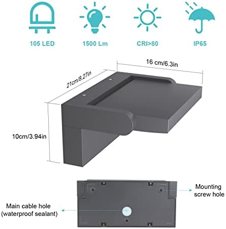 Klighten 24W LED Wall Light Outdoor Indoor Waterproof IP65, Adjustable Aluminum Wall Lamp, Modern Outside Light Mains Powered for Entrance Garden Terrace, 1500LM, Anthracite, Cold White 6000K