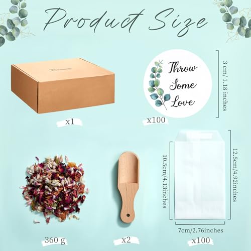 Tenare 100 Sets Wedding Confetti Bags Kit for 95-100 Guests, Includes Natural Dried Flower Rose Petals Glassine Confetti Bags Stickers Wooden Scoop