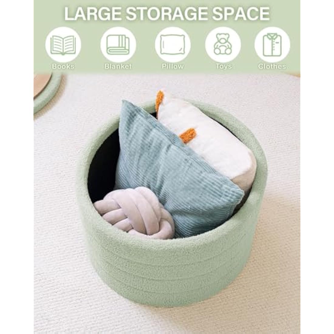 Bonlife Extra Large Folding Round Ottoman with Storage,Boucle Ottoman Stool, Footstool Seat Coffee Table,Toy Box Storage,Footrest Stool for Living Room,Bedroom,Green,56x56x40cm