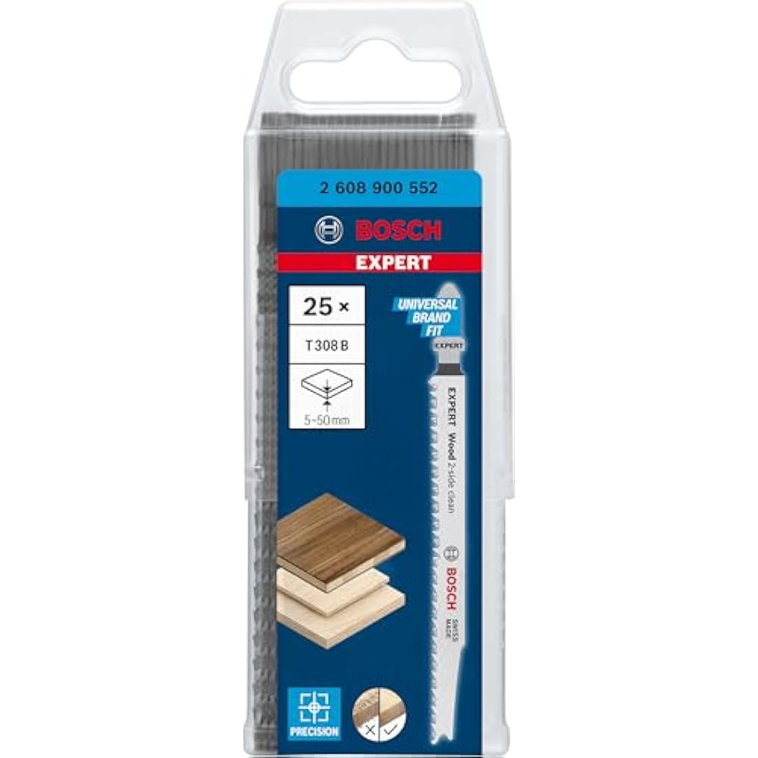 Bosch 25x EXPERT Wood 2-side clean T308B Jigsaw Blade (for Solid wood furniture board, Plywood, Length 117 mm, Professional Accessory Jigsaw)