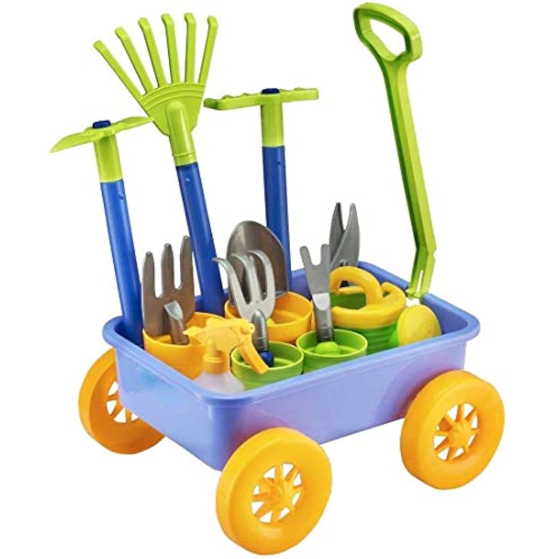 Delex Pull along Kids Wagon Wheelbarrow and Gardening, Beach and Tools Play Set With Water Pail and Spray Includes 10 Accessories and 4 Plant Pots