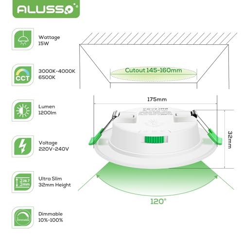 LED Downlights 15W Ultra Slim Recessed Ceiling Spot Lights Dimmable 1200LM, Warm White 3000K Neutral White 4000K Cool White 6500K Adjustable, IP44
