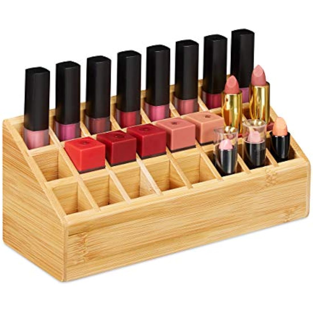 Relaxdays Bamboo Lipstick Organiser, 24 Holders, Natural Look, Rack For Lipsticks & Brush, HWD 10x23x9 cm, Natural