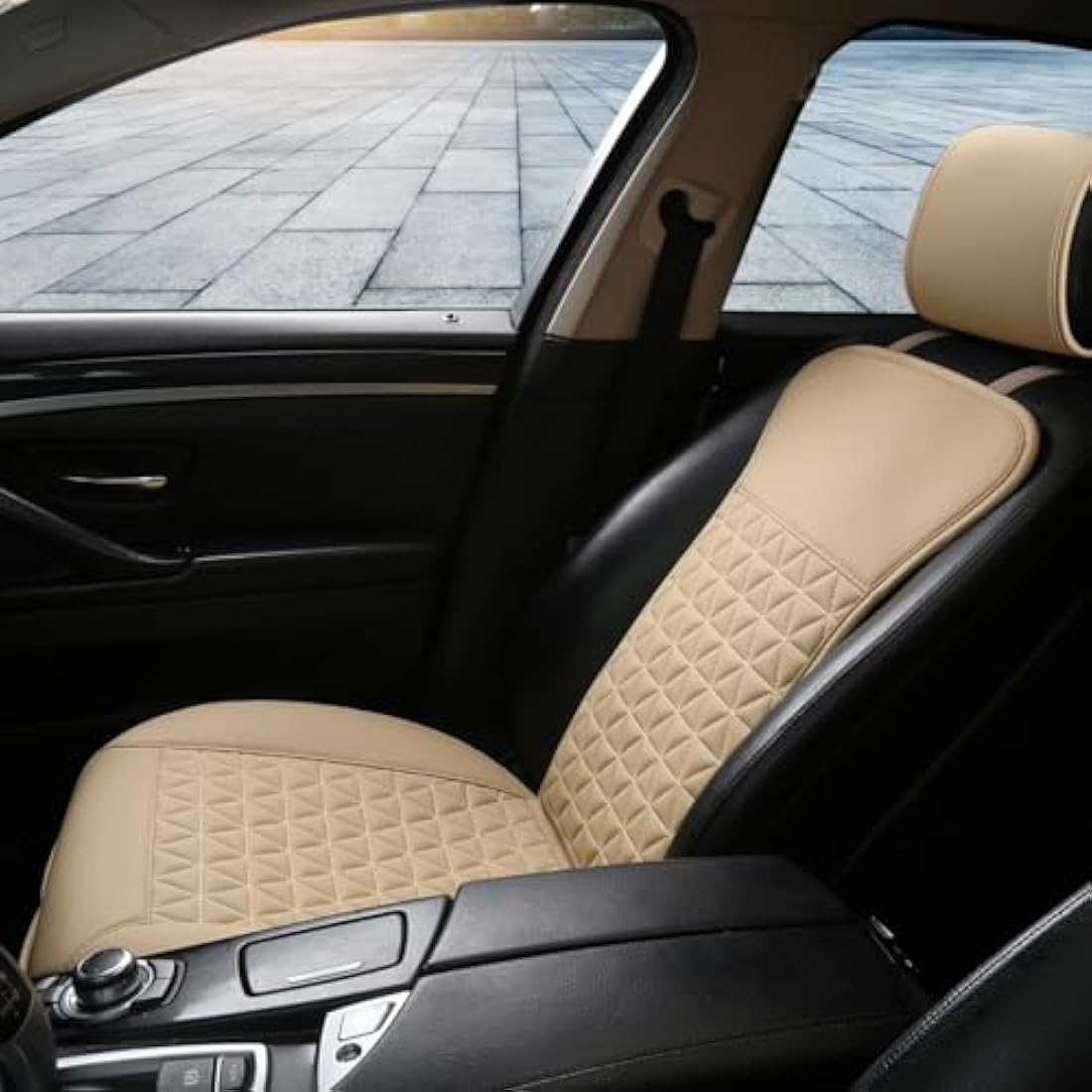 Black Panther 1 Piece Luxury PU Leather Front Car Seat Cover Protector Compatible with 95% Cars - No Heating (Saloon/SUV/Pickup Truck/Van) - Beige