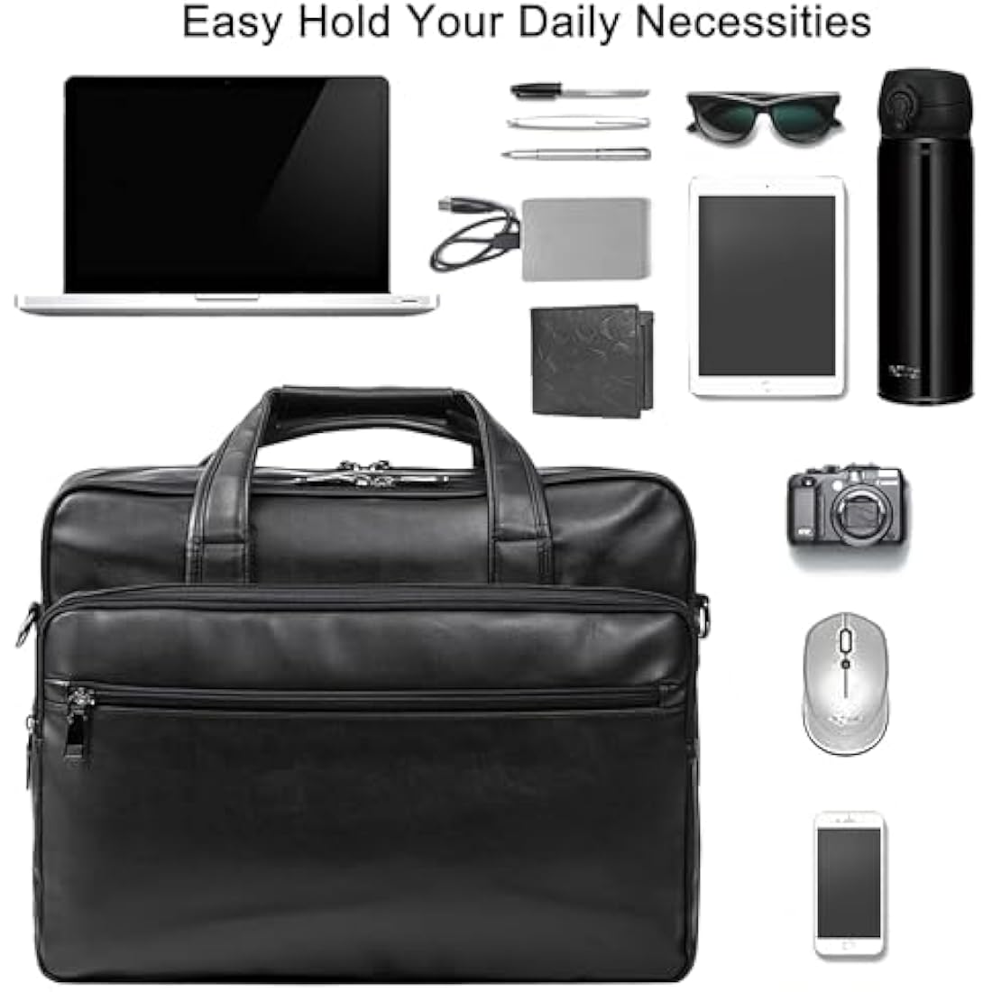 seyfocnia Leather Laptop Bag, Men's 15.6 Inche Messenger Briefcase Business Satchel Computer Handbag Shoulder Bag Fits 15.6 Inch Laptop Computer (Black)