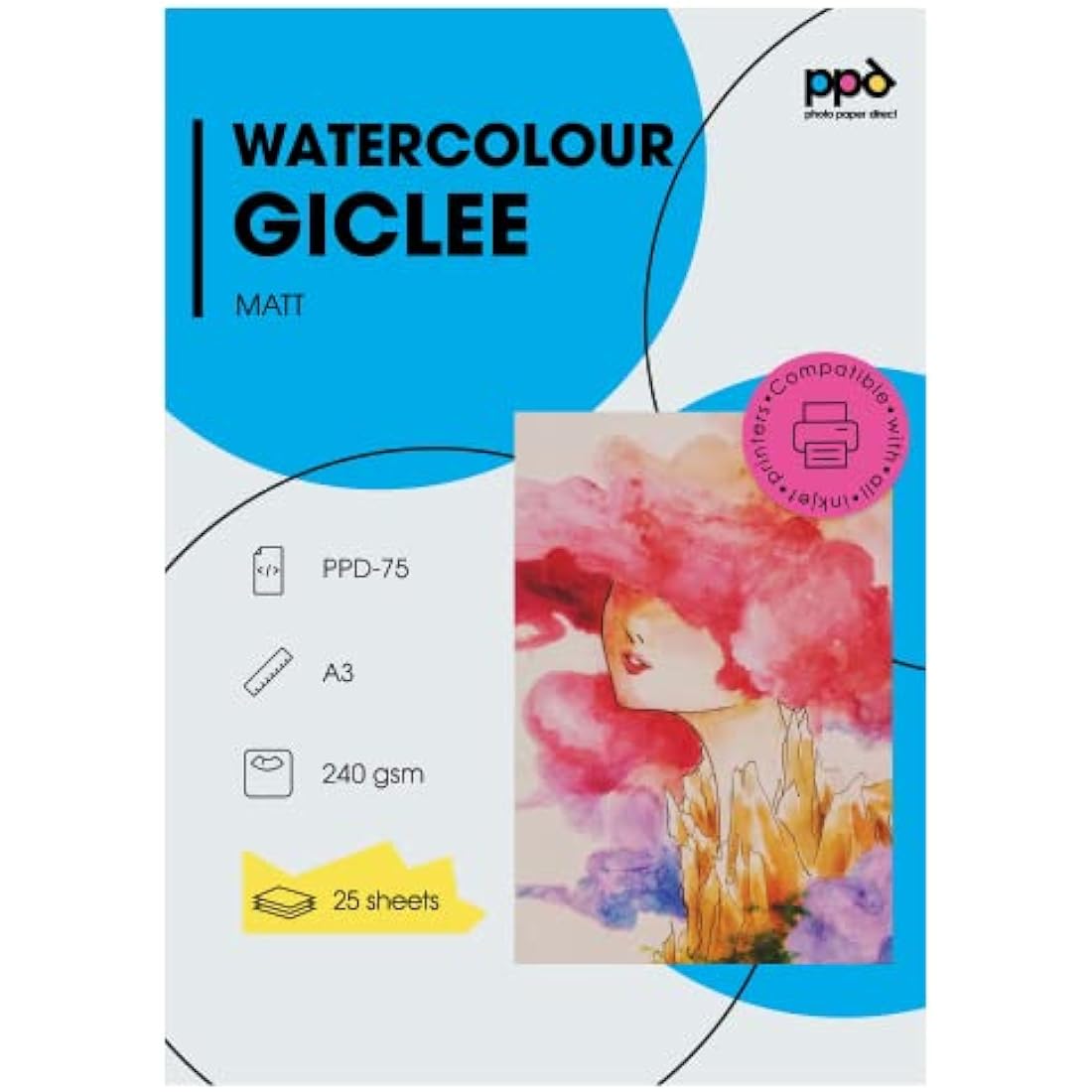 PPD 25 Sheets A3 Inkjet Fine Art Watercolour Giclee Archival Matt Photo Paper 240gsm PPD-75-25