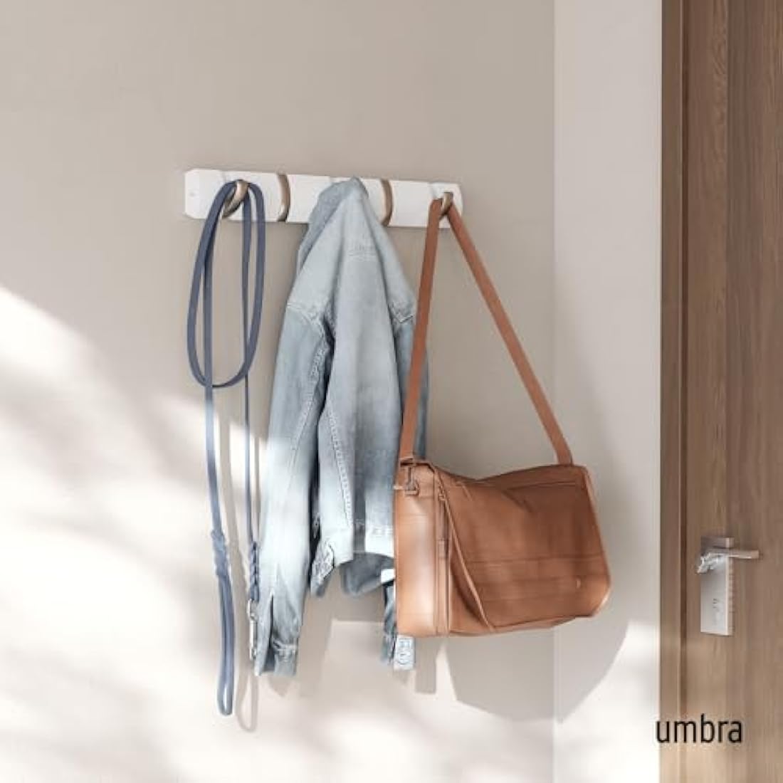 Umbra Flip 5-Hook Wall Mounted Coat Rack, Modern, Sleek, Space-Saving Coat Hanger with 5 Retractable Hooks to Hang Coats, Scarfs, Purses and More, White/Nickel